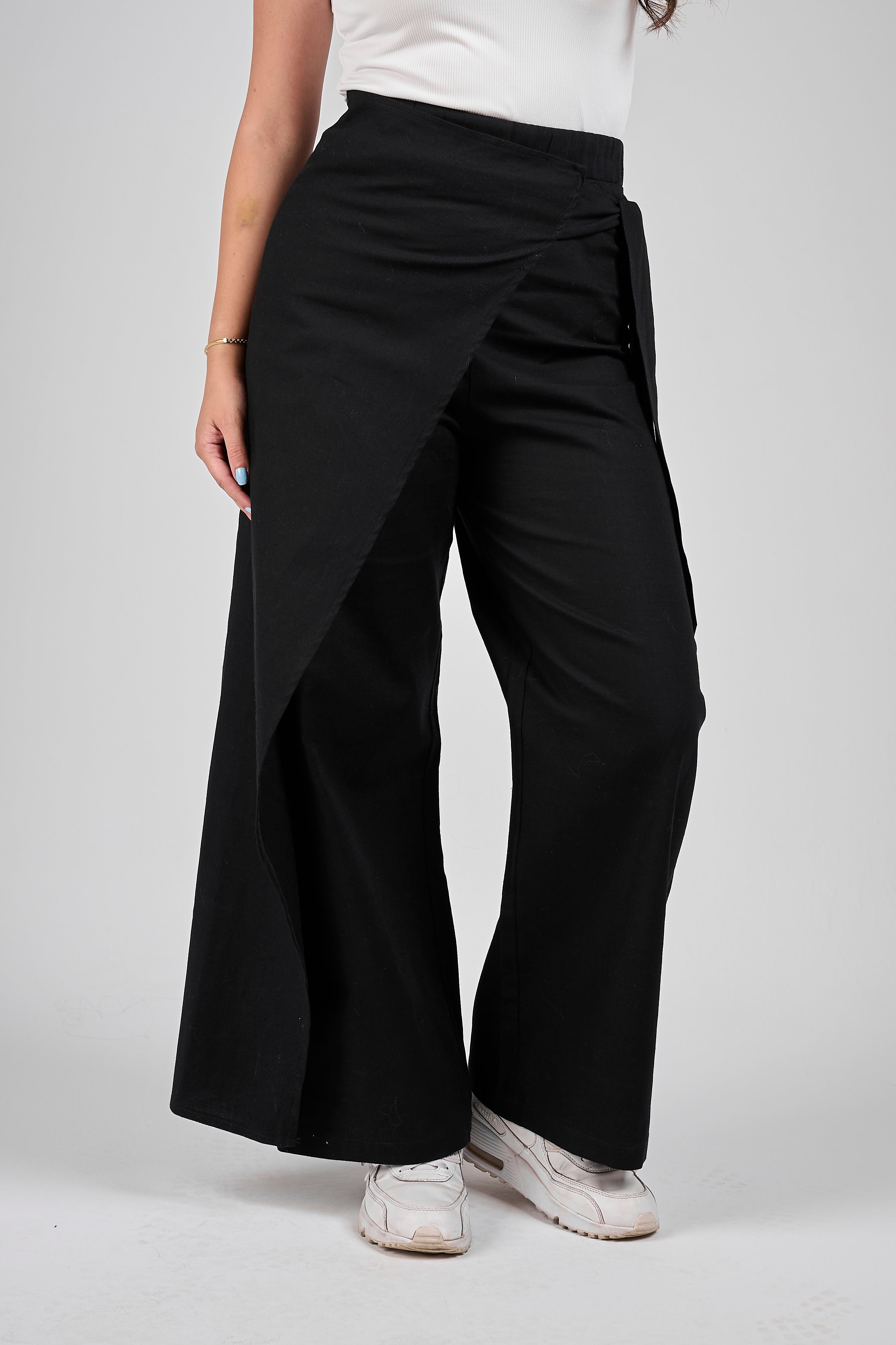 Linen pants with side ribbon - Black – Jawhar جَوْهَر