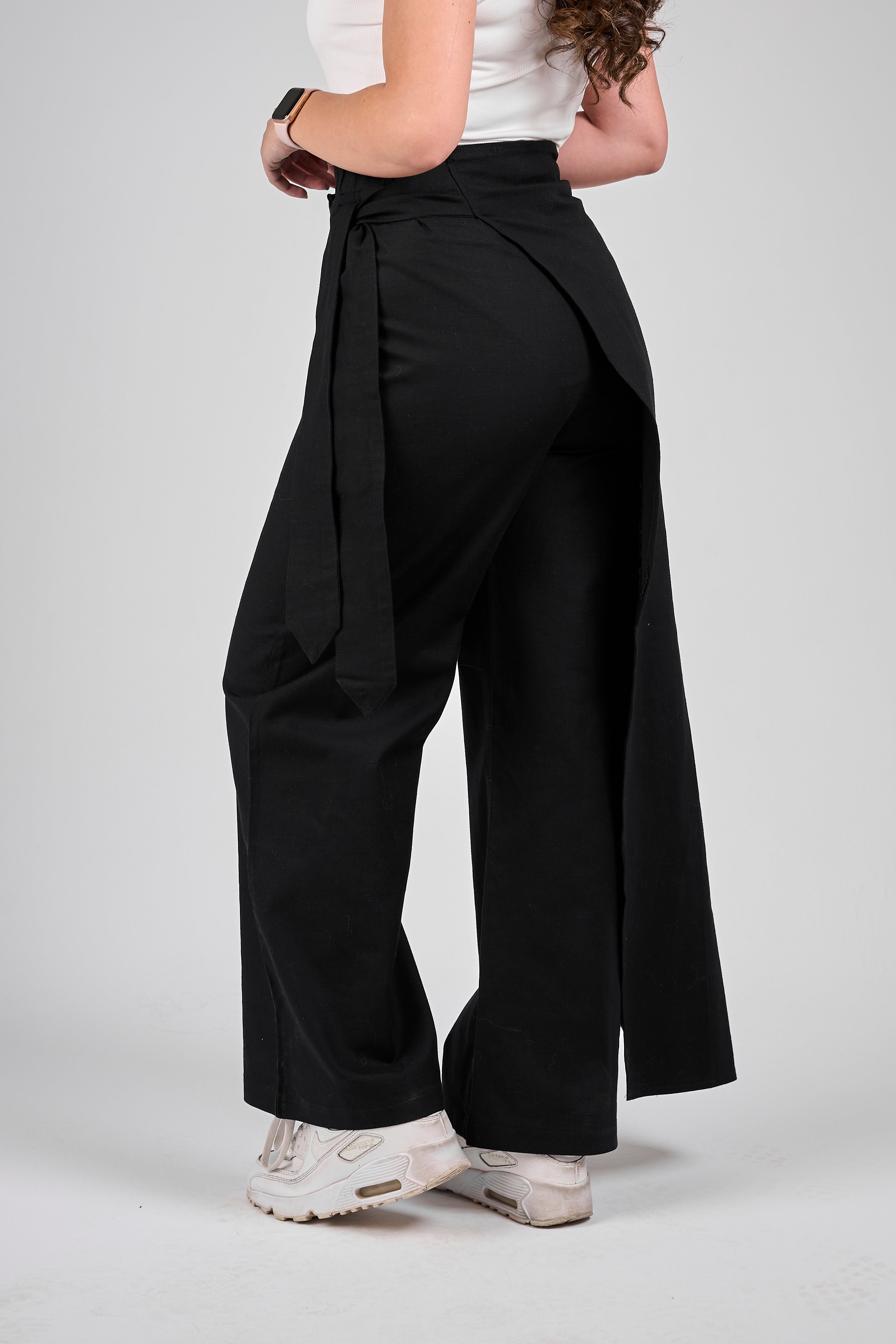 Linen pants with side ribbon - Black