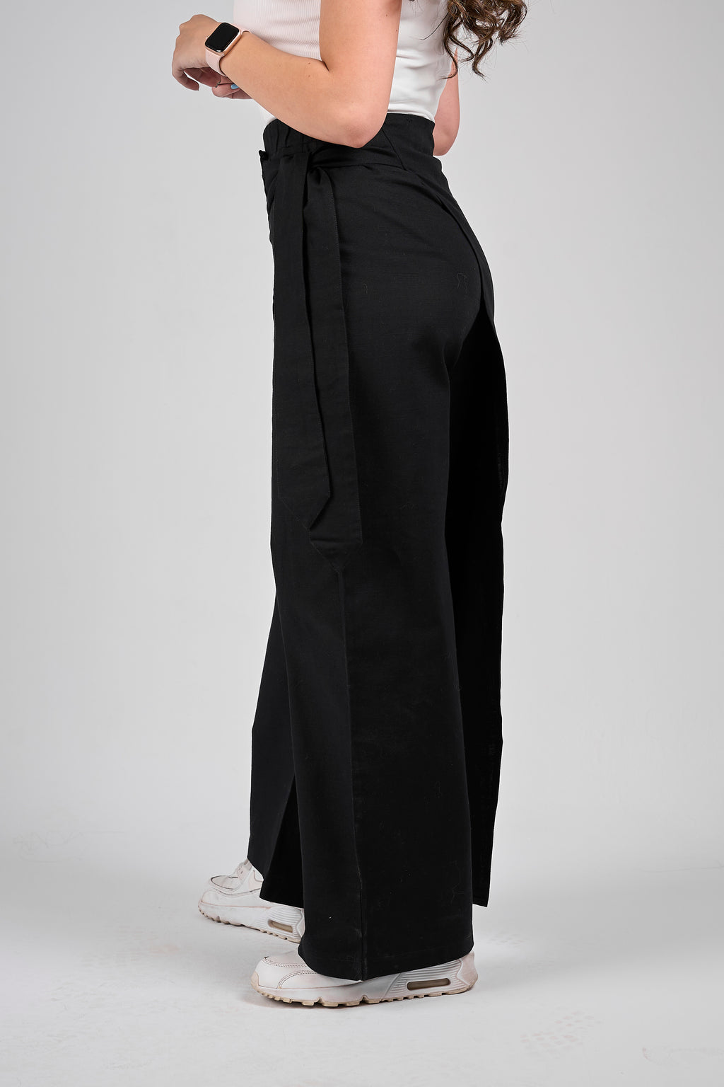 Linen pants with side ribbon - Black