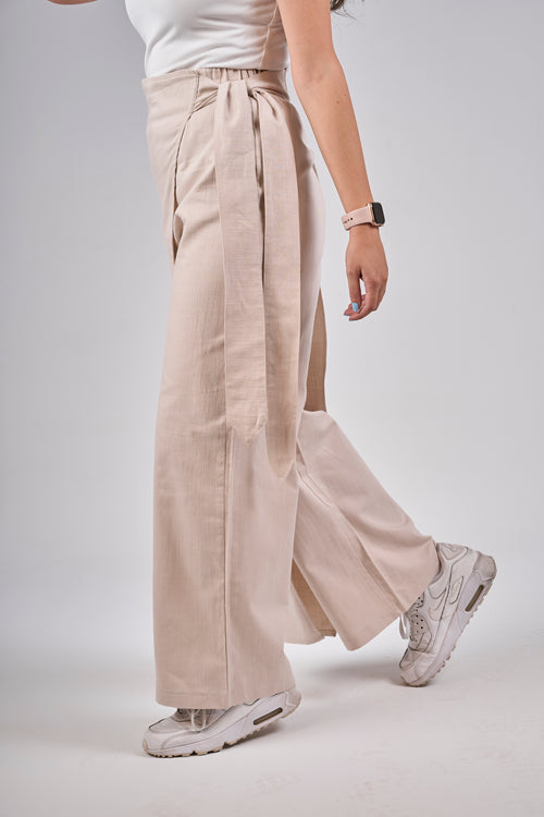 Linen pants with side ribbon - Beige