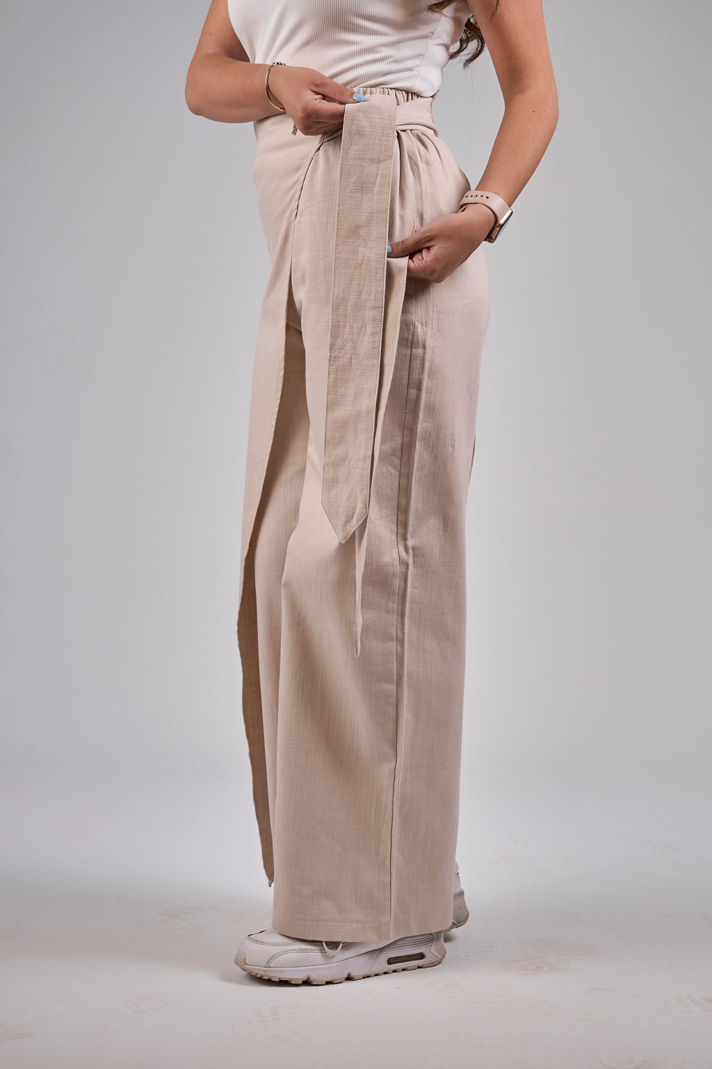 Linen pants with side ribbon - Beige